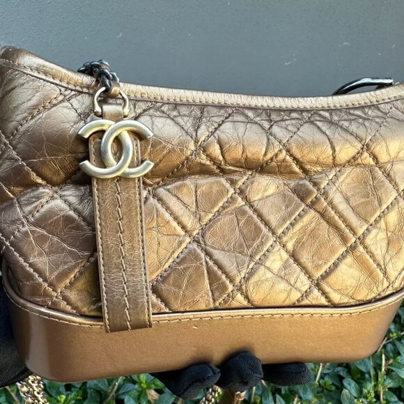 CHANEL Small Gabrielle Hobo Shoulder Bag Quilted Gold Calfskin Leather Authentic - Picture 6 of 9